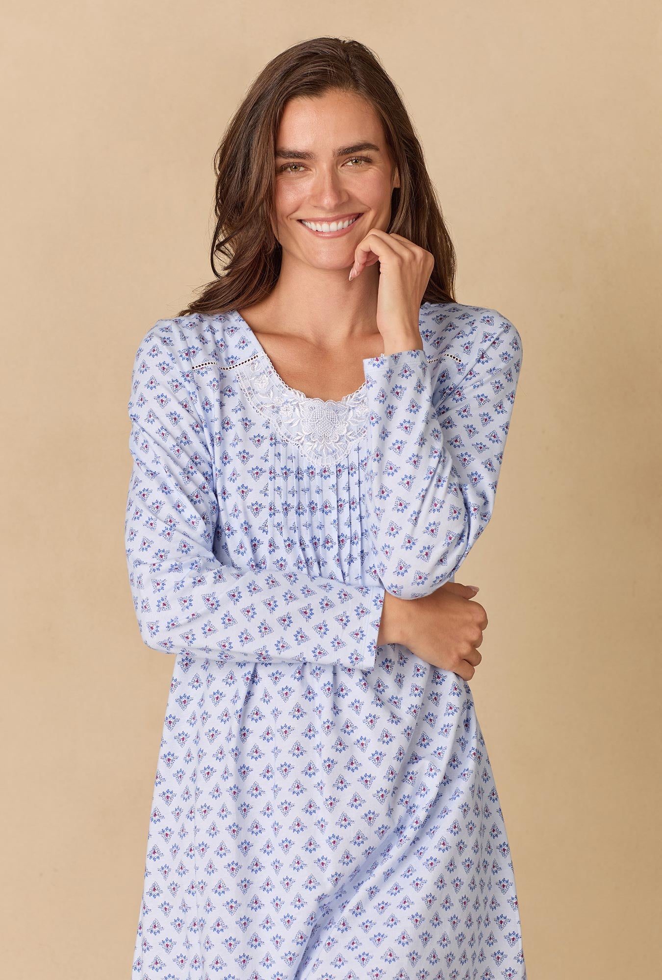 A lady wearing Blue Dreams Waltz Cotton Knit Nightgown