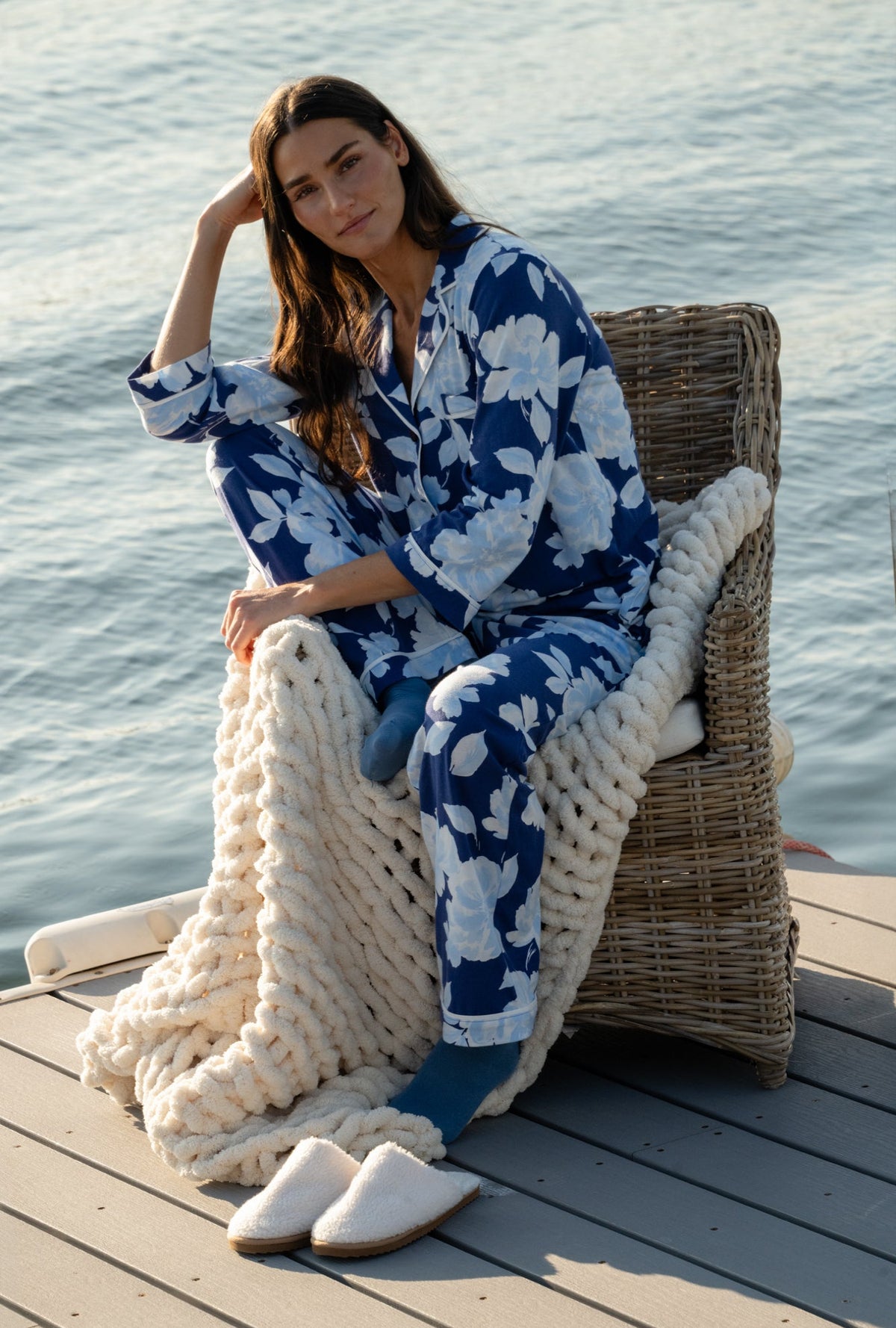 Coastal Blooms Cotton Notch Collar Long Pajama Set