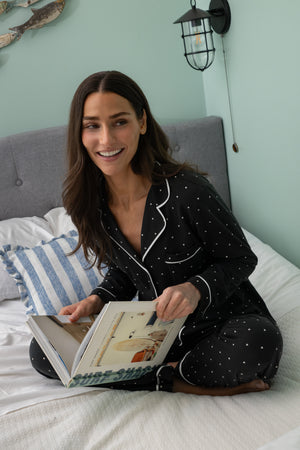 Midnight Hearts Cotton Notch Collar Long Pajama Set