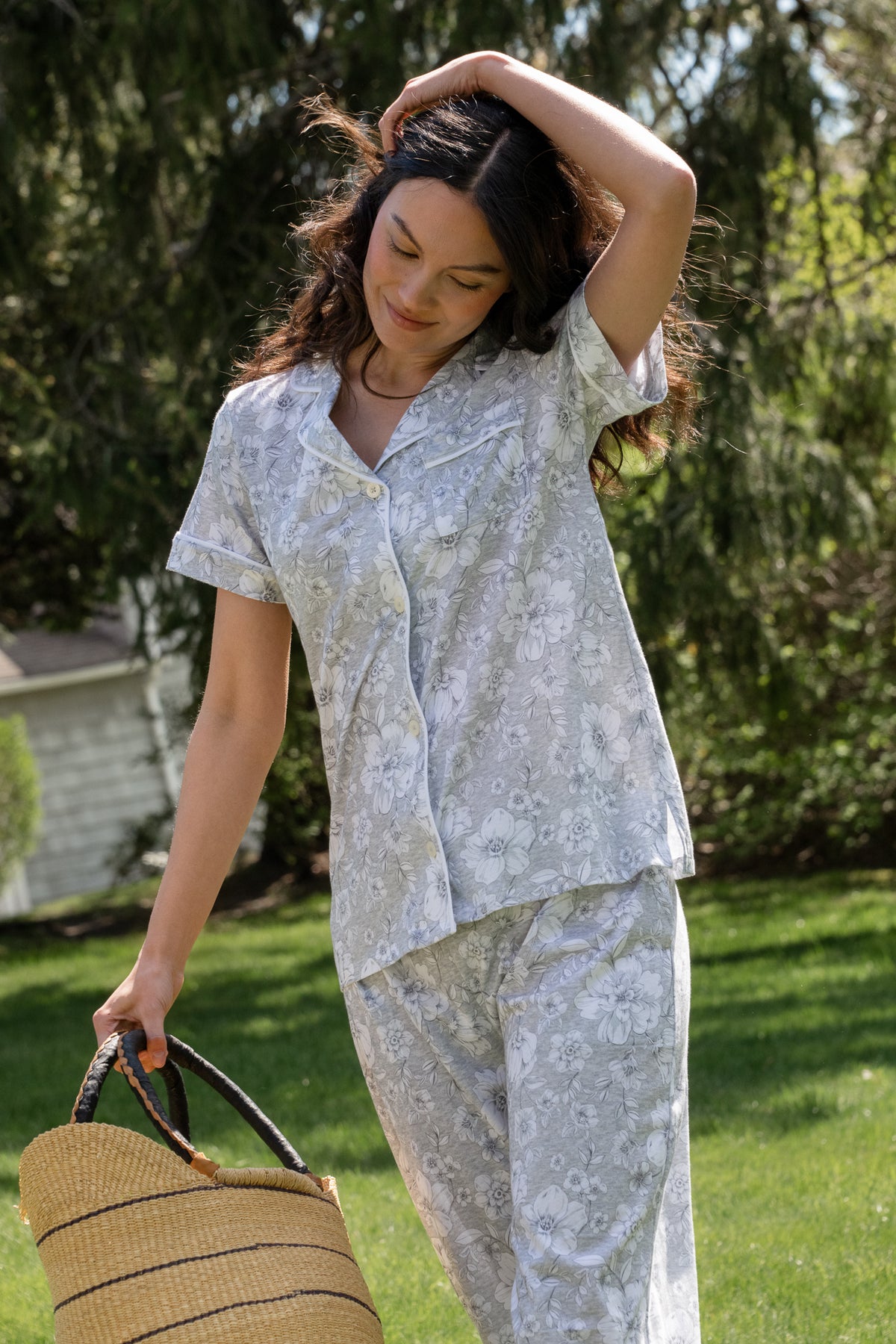 Grey Heather Floral Cotton Capri Pajama Set