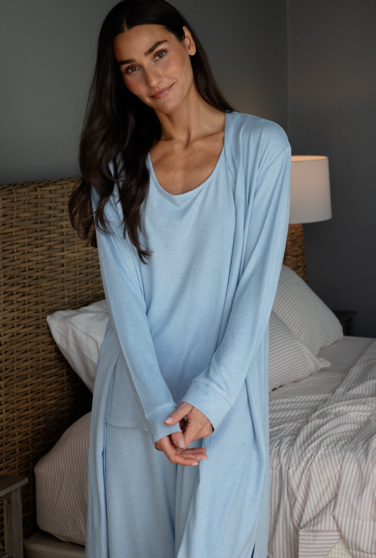 Heather Sky Blue 3-Piece Brushed Sweater Knit Pajama Set
