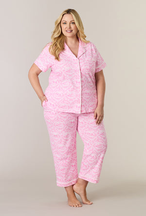 A lady wearing plus size Fairytale Toile Cotton Notch Collar Capri Pajama Set
