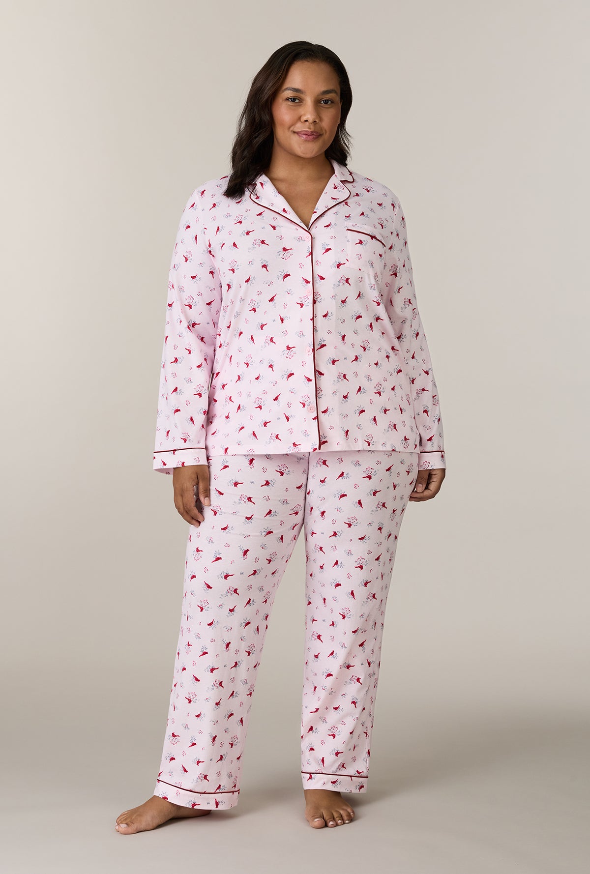 A lady wearing plus size Morning Cardinals Cotton Long Pajama Set