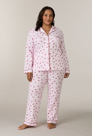 A lady wearing plus size Morning Cardinals Cotton Long Pajama Set