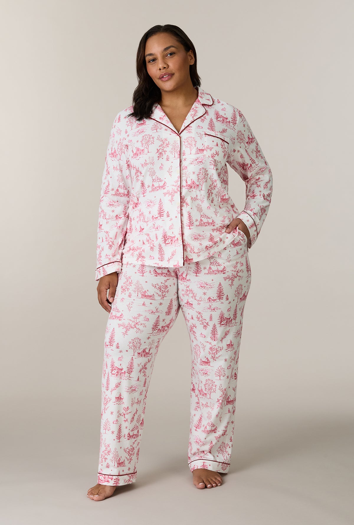 A lady wearing plus size Winter Cottage Toile Cotton Long Pajama Set