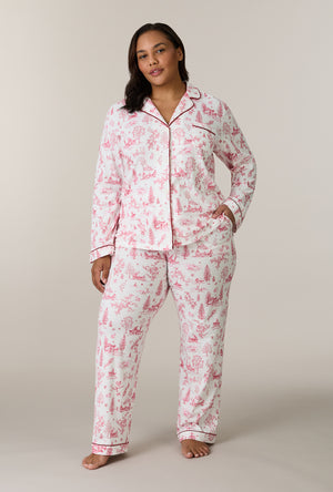 A lady wearing plus size Winter Cottage Toile Cotton Long Pajama Set
