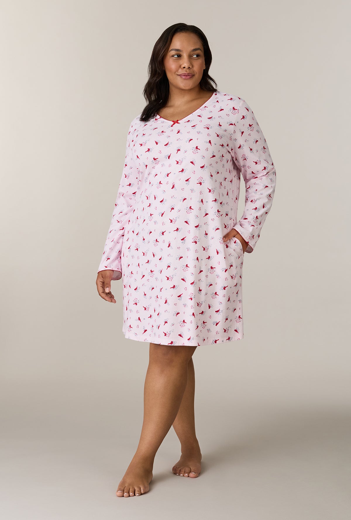 A lady wearing plus size Morning Cardinals Cotton Short Nightgown