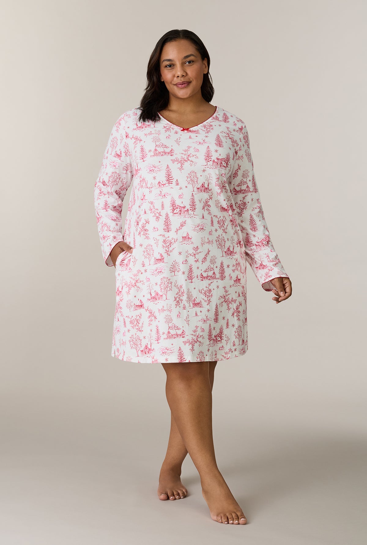 A lady wearing plus size Winter Cottage Toile Cotton Short Nightgown