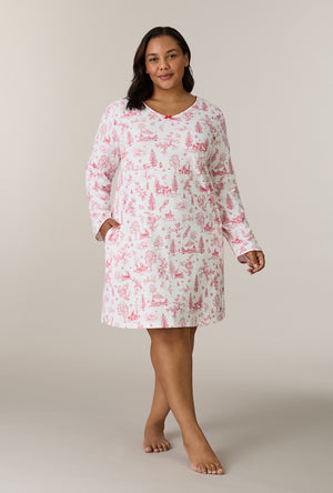A lady wearing plus size Winter Cottage Toile Cotton Short Nightgown