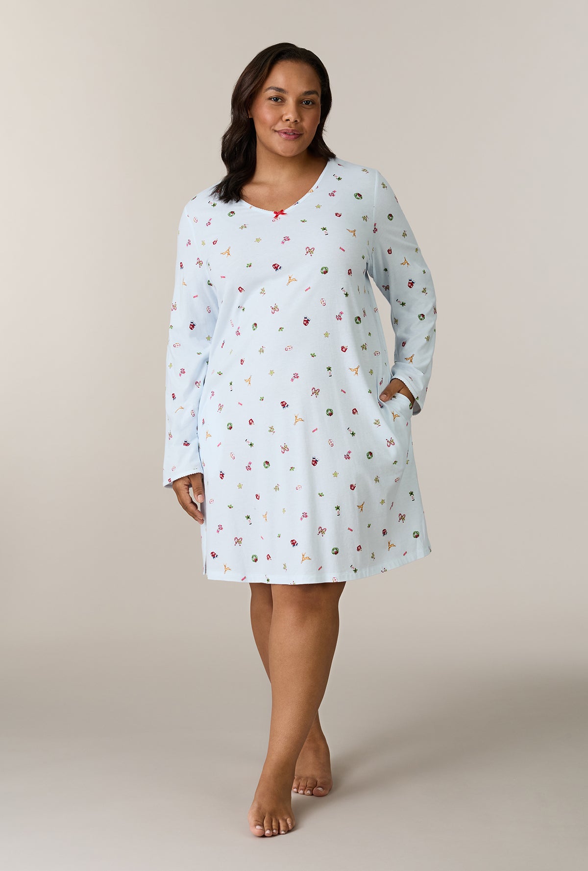 A lady wearing plus size Holiday Keepsakes Cotton Short Nightgown