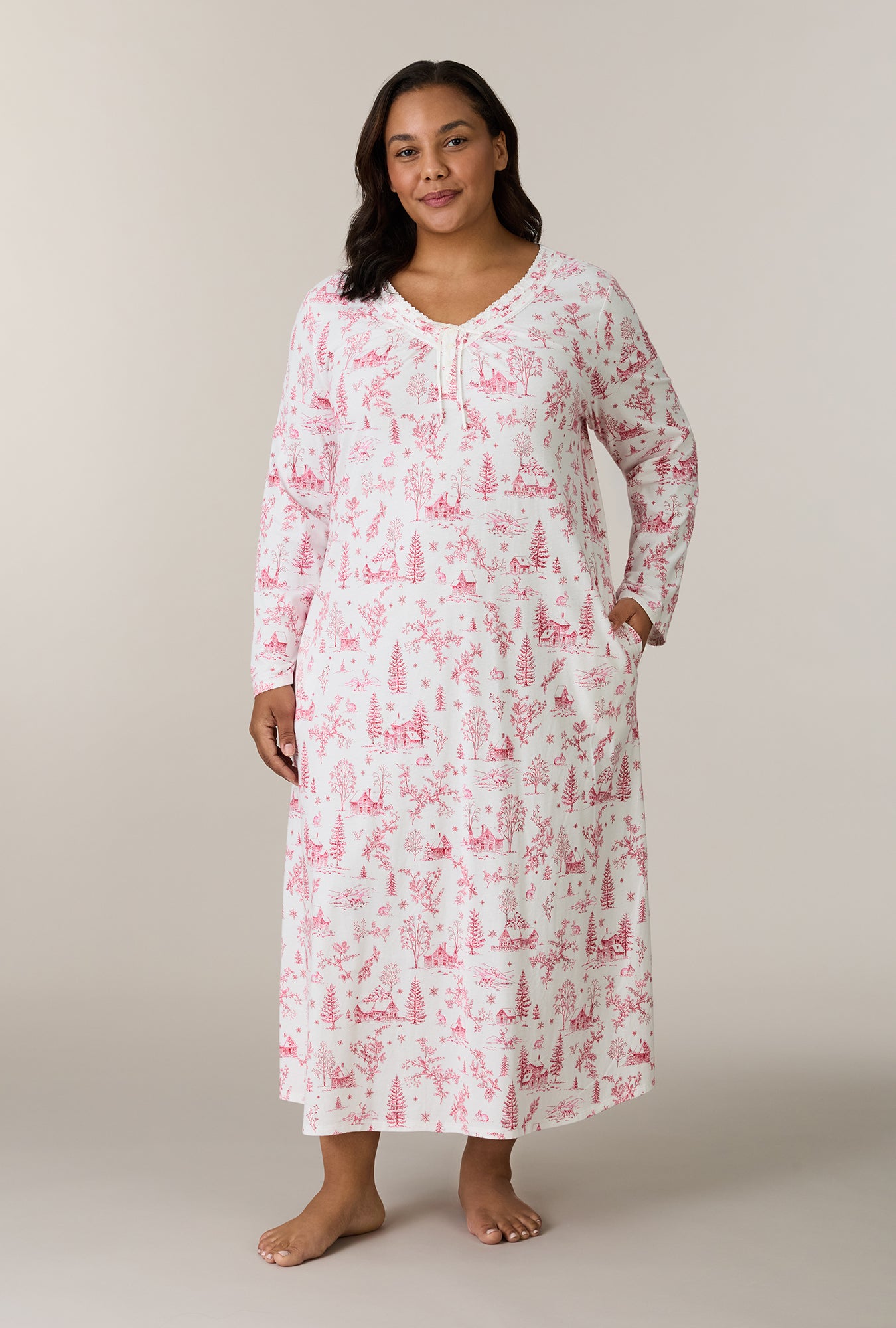 A lady wearing plus size Winter Cottage Toile Cotton Ballet Nightgown
