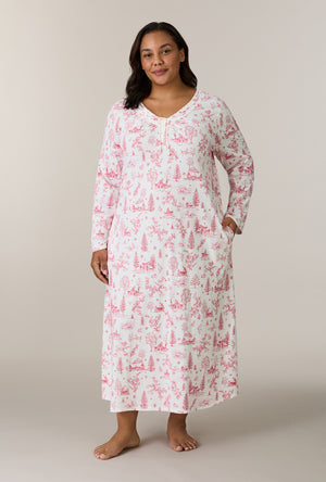 A lady wearing plus size Winter Cottage Toile Cotton Ballet Nightgown