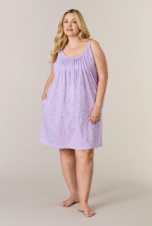 A lady wearing plus size Lavendar Meadow Cotton Short Chemise looking front