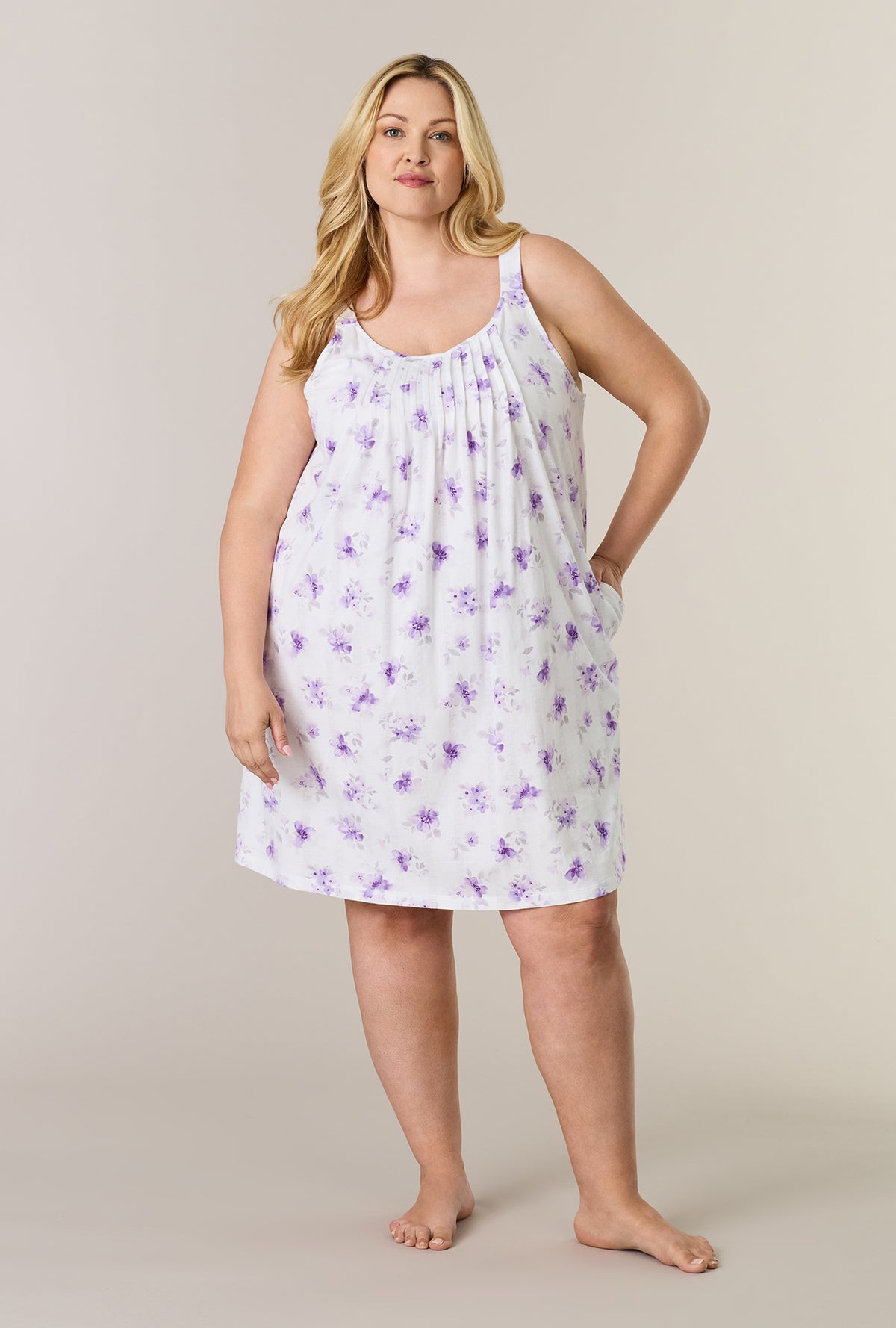A lady wearing plus size Lilac Blooms Cotton Short Chemise