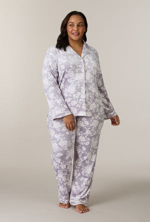 A lady wearing plus size Winter Bouquet Stretch Velour Notch Collar Long Pajama Set