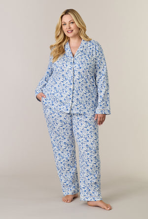 A lady wearing plus size Twilight Paisley Cotton Interlock Long Pajama Set