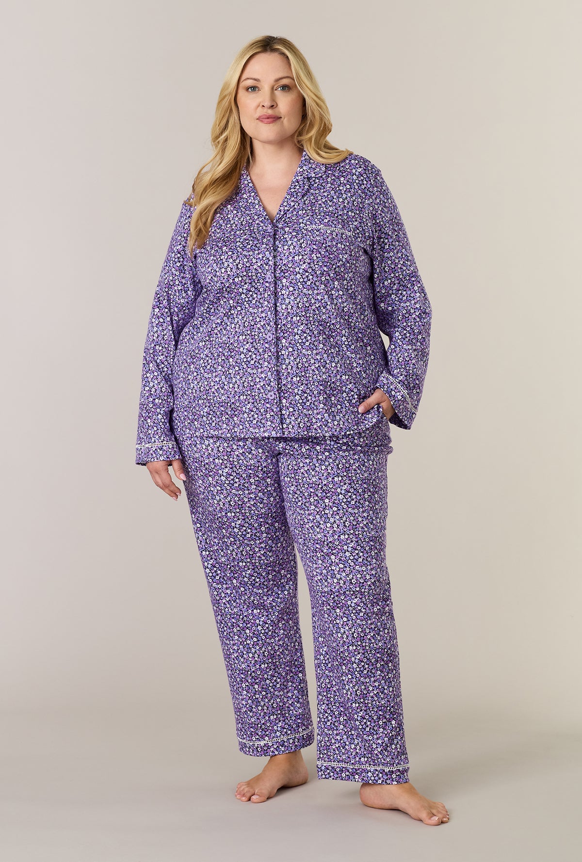 A lady wearing plus size Lilac Garden Cotton Interlock Long Pajama Set