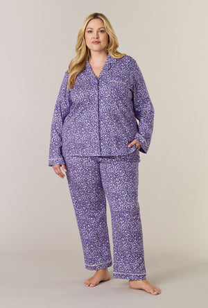 A lady wearing plus size Lilac Garden Cotton Interlock Long Pajama Set
