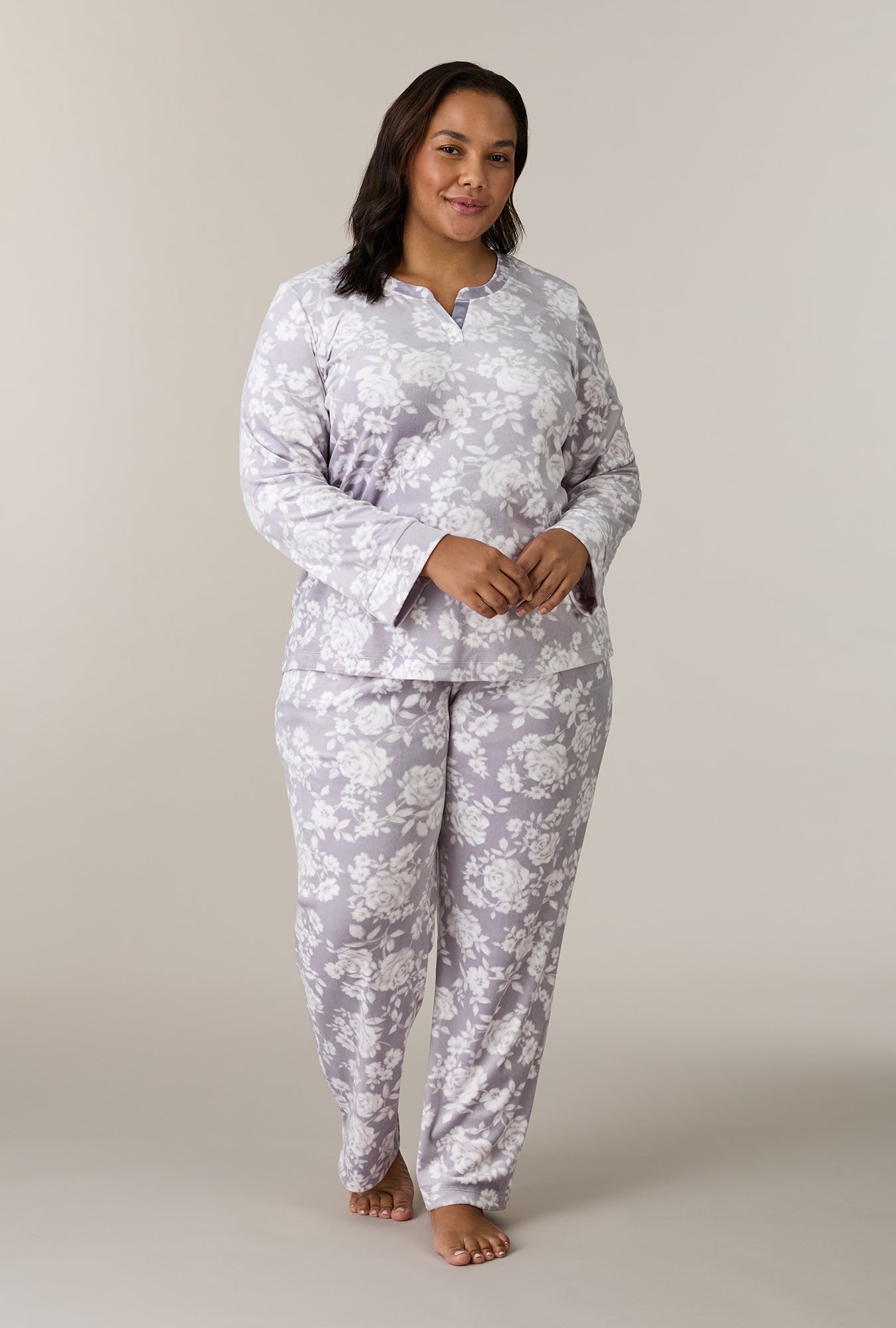 A lady wearing Winter Bouquet Stretch Velour Long Pajama Set