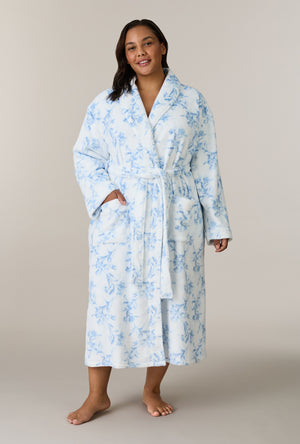 A lady wearing plus size Winter Blue Floral Wrap Chenille Ballet Robe