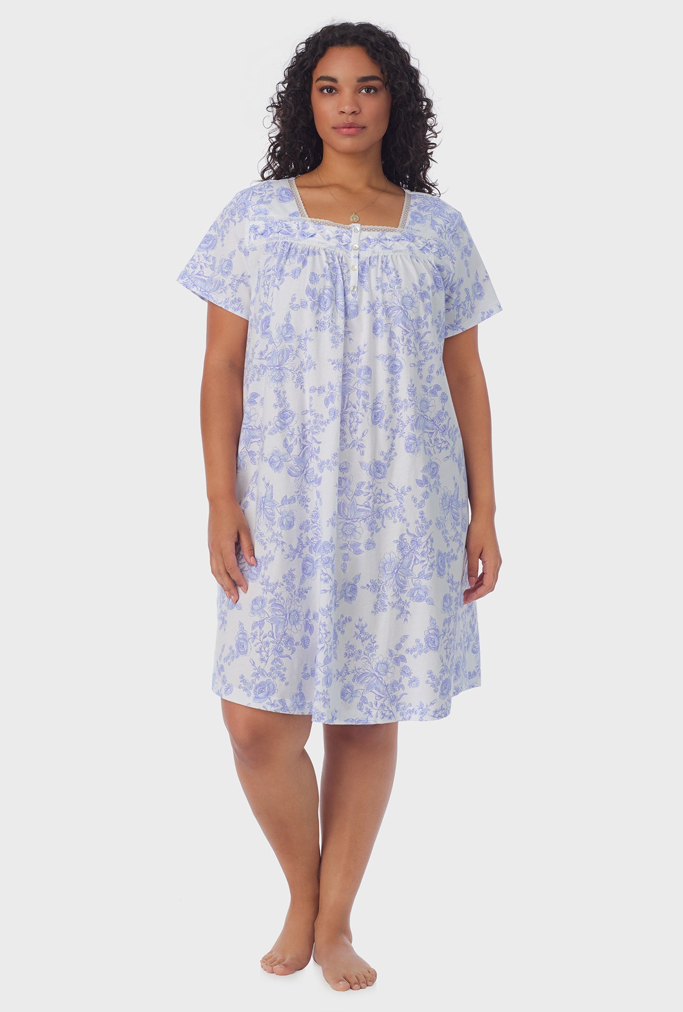 A lady wearing plus size white short Sleeve Cotton Short Nightgown with Vintage Rose  print