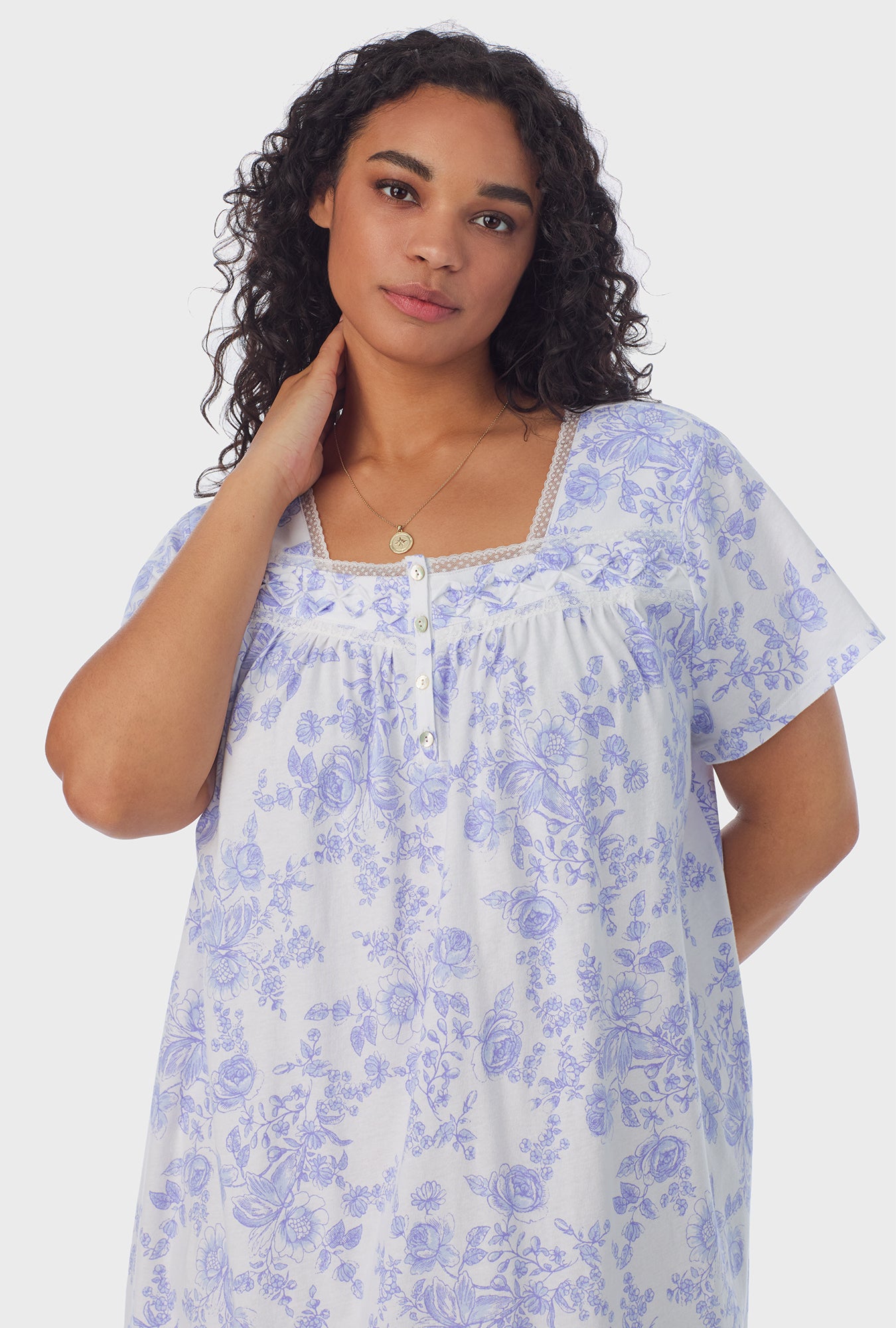 A lady wearing plus size white short Sleeve Cotton Short Nightgown with Vintage Rose print