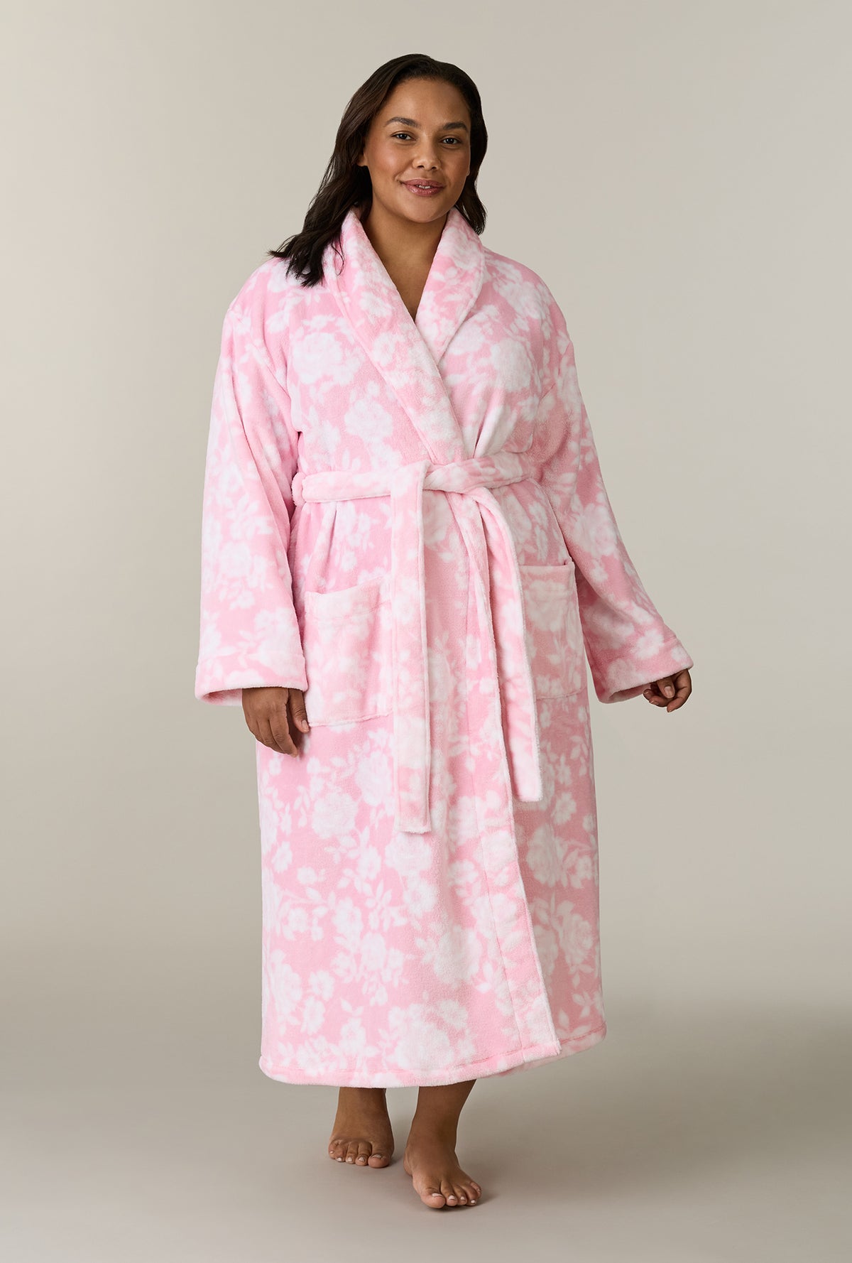 A lady wearing plus size Pink Peonies Wrap Chenille Ballet Robe