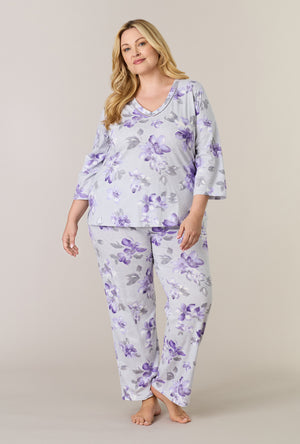 A lady wearing plus size Shadow Petals Cotton Long Pajama Set