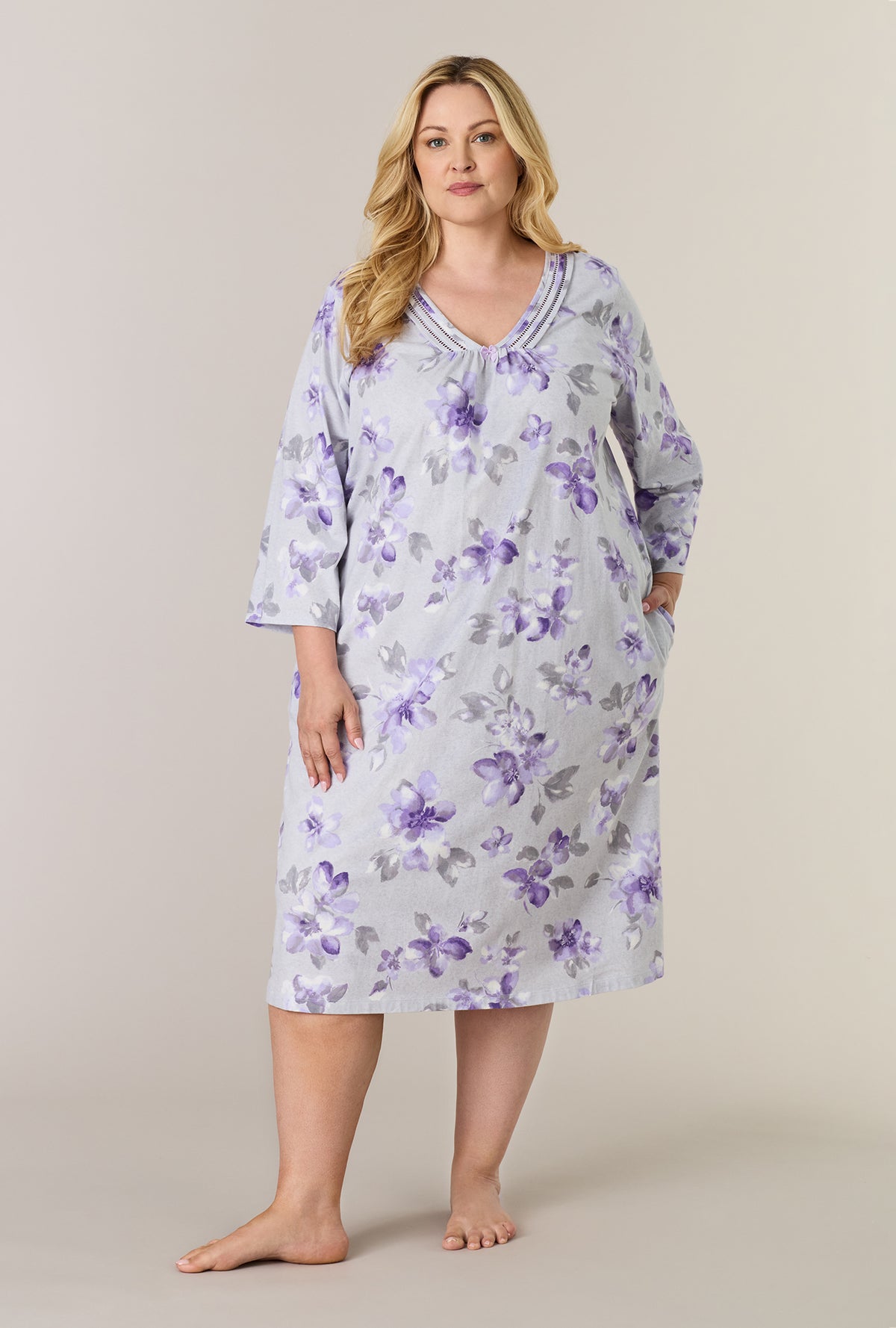 A lady wearing plus size Shadow Petals Cotton Midi Nightgown