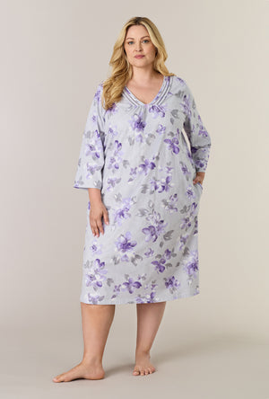 A lady wearing plus size Shadow Petals Cotton Midi Nightgown