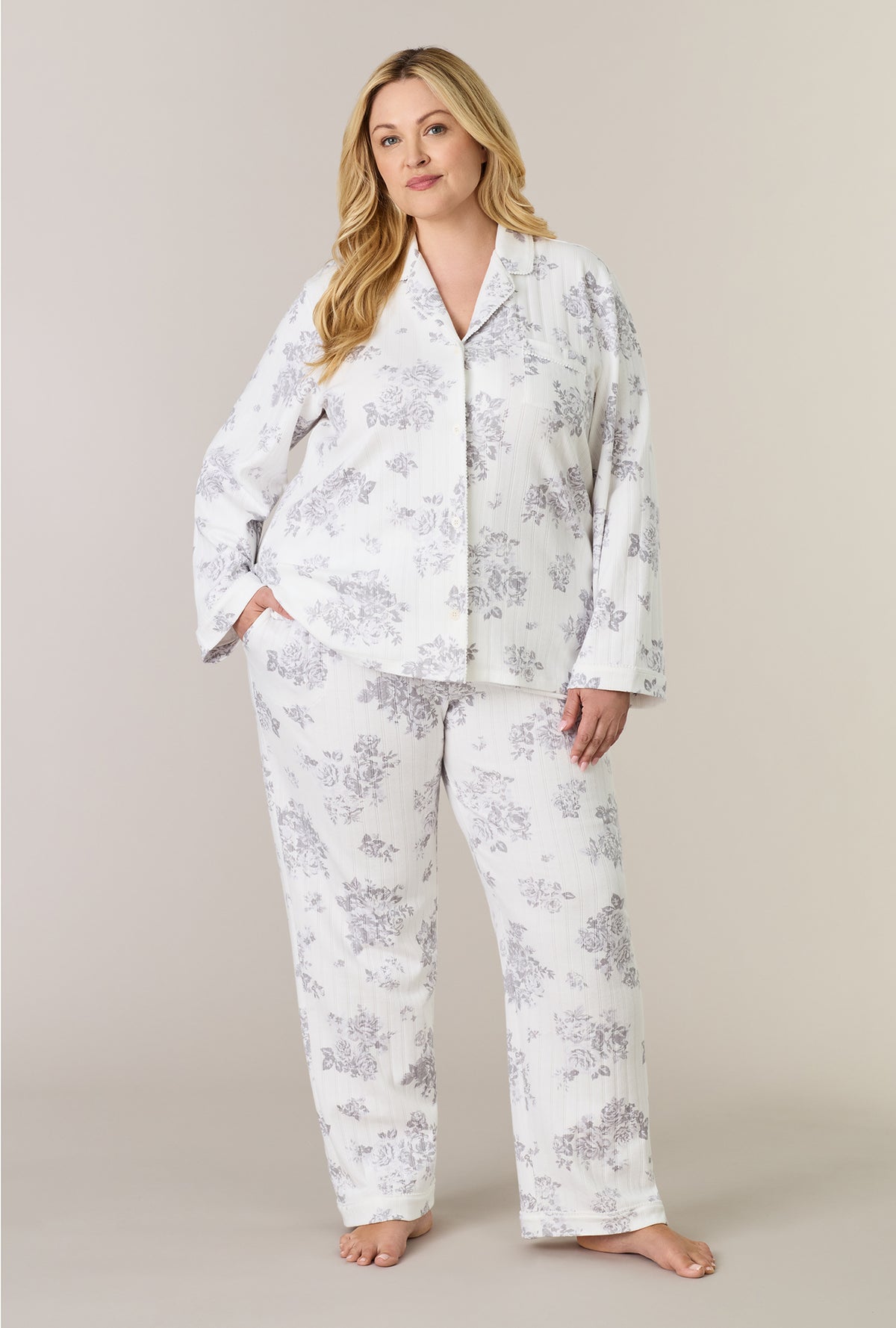 A lady wearing plus size Morning Mist Cotton Pointelle Long Pajama Set