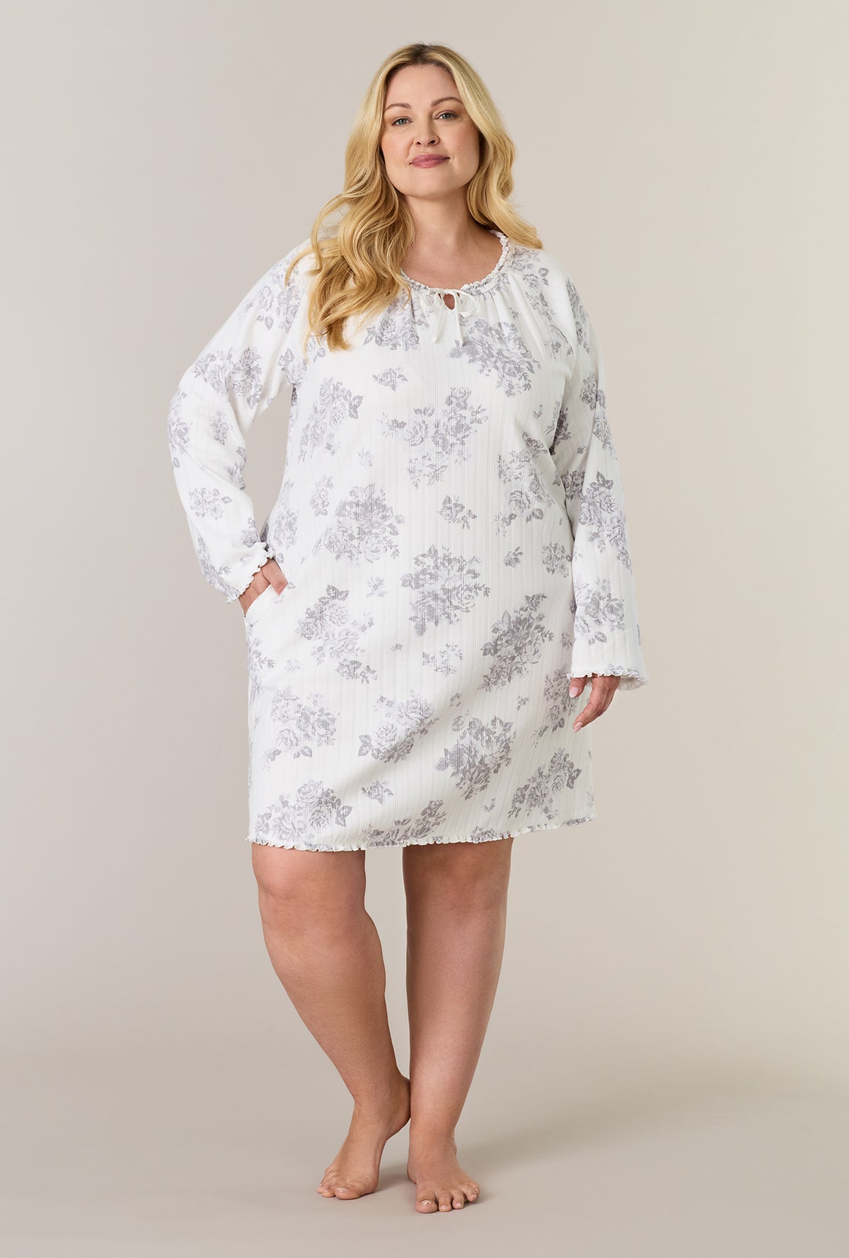 A lady wearing plus size Morning Mist Long Sleeve Cotton Pointelle Short Nightgown