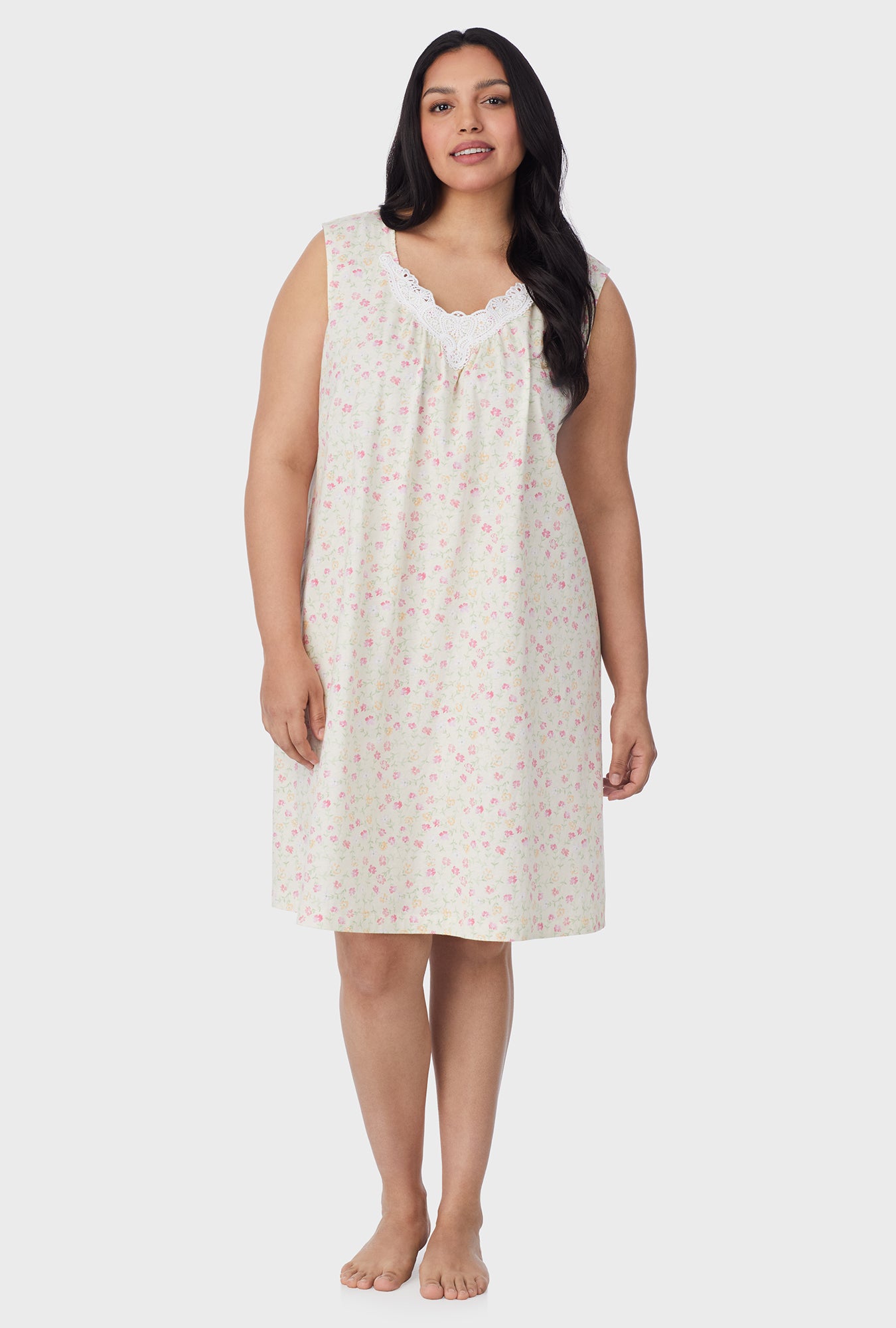 A lady wearing Spring Ditsy Cotton Short plus Nightgown