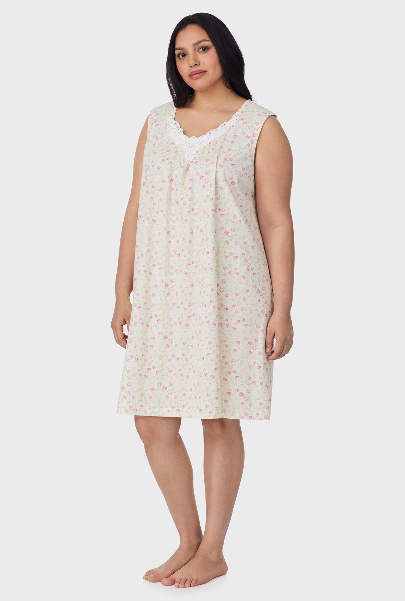 A lady wearing Spring Ditsy Cotton Short plus Nightgown