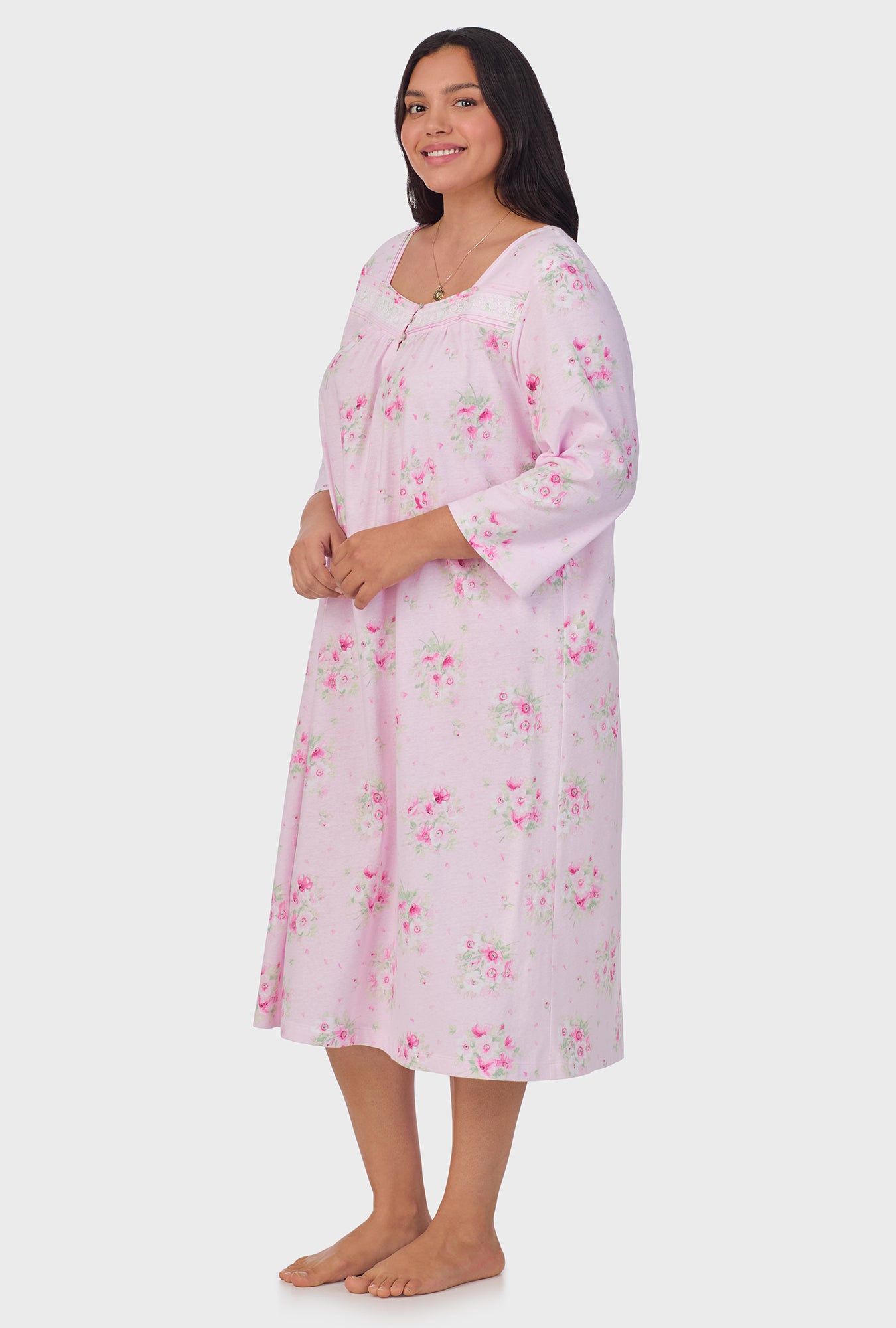 A lady wearing Pink Cosmos 3/4 Sleeve Cotton Waltz Nightgown