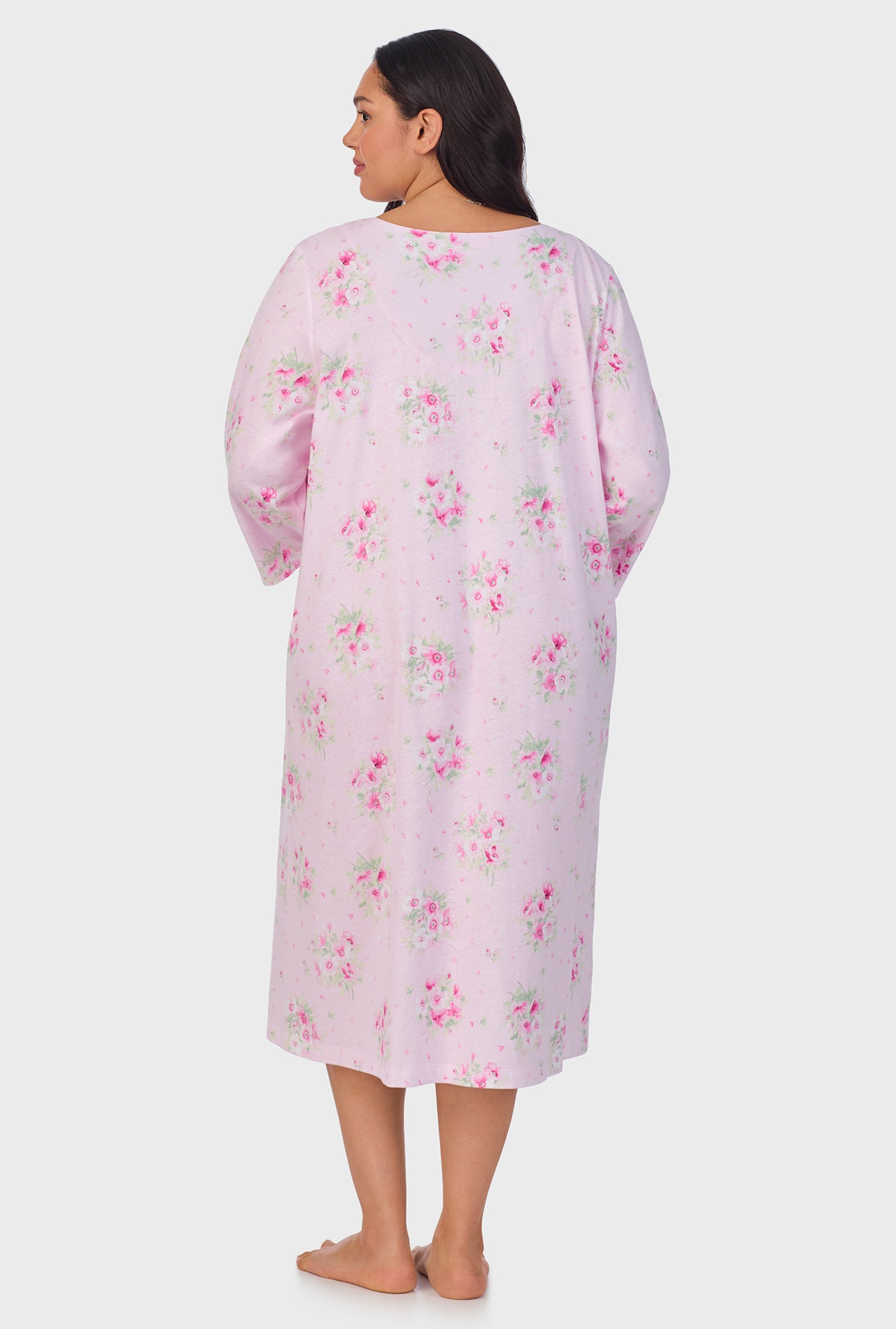 A lady wearing Pink Cosmos 3/4 Sleeve Cotton Waltz Nightgown