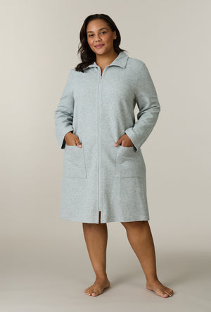 A lady wearing plus size Grey Heather Cotton Diamond Quilted Zip Robe