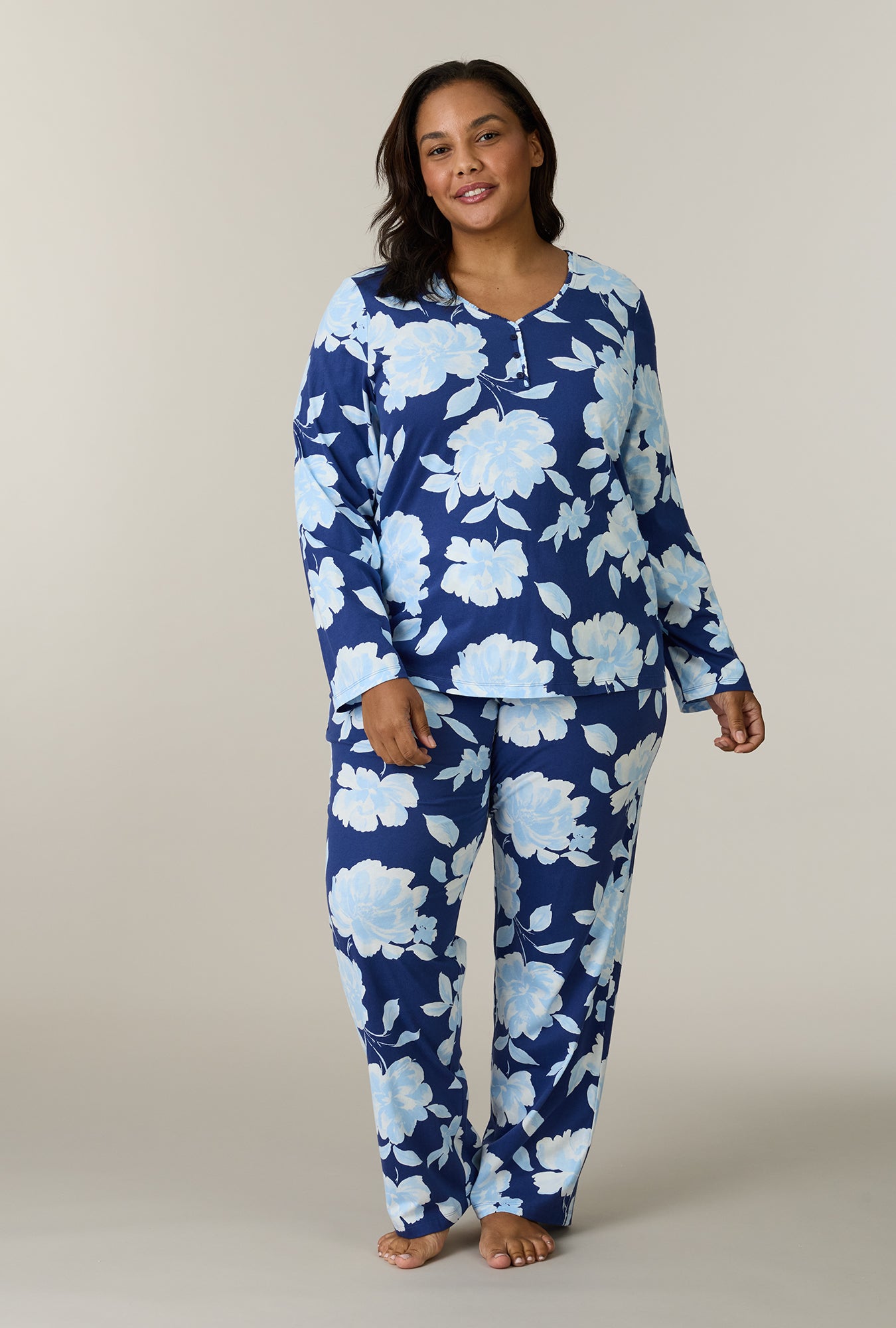 A lady wearing plus size Coastal Blooms Cotton Long Pajama Set