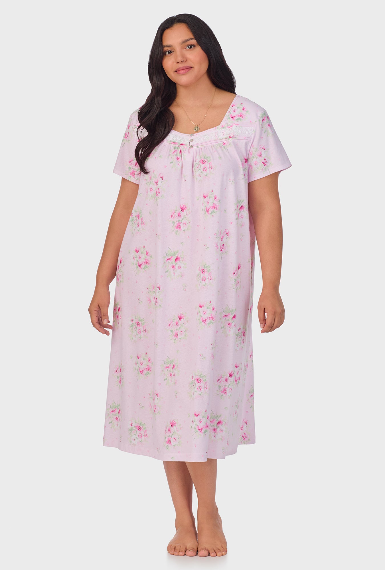 A lady wearing Pink Cosmos Cap Sleeve Cotton Waltz Nightgown
