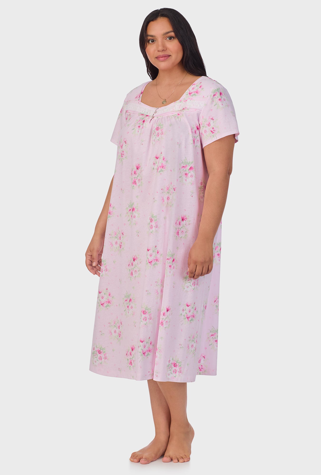 A lady wearing Pink Cosmos Cap Sleeve Cotton Waltz Nightgown