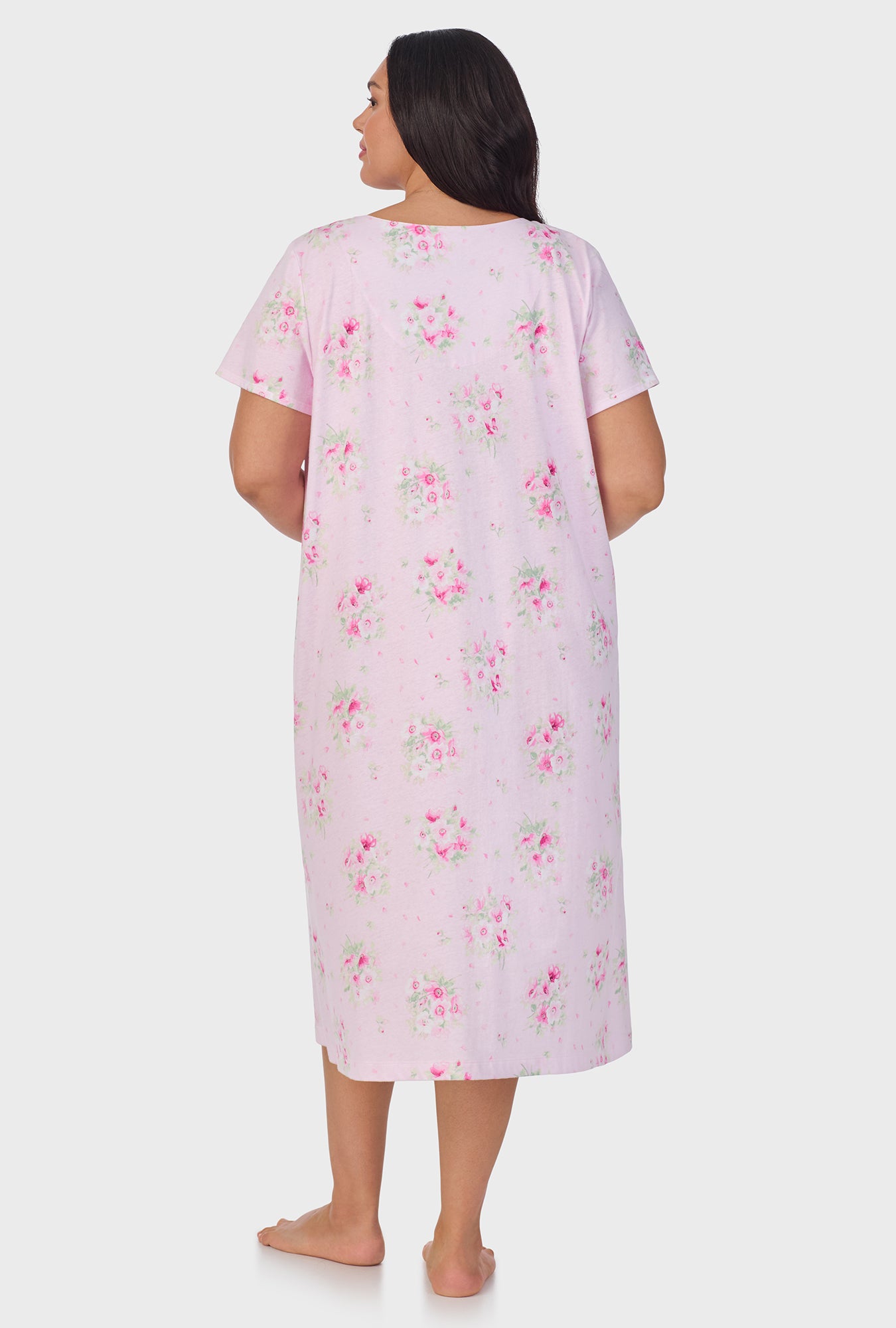 A lady wearing Pink Cosmos Cap Sleeve Cotton Waltz Nightgown