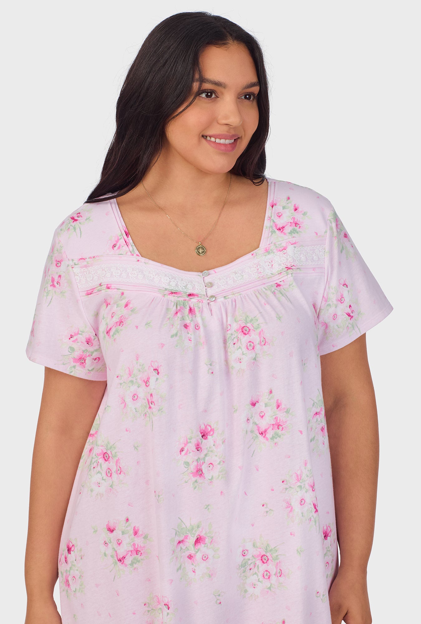 A lady wearing Pink Cosmos Cap Sleeve Cotton Waltz Nightgown
