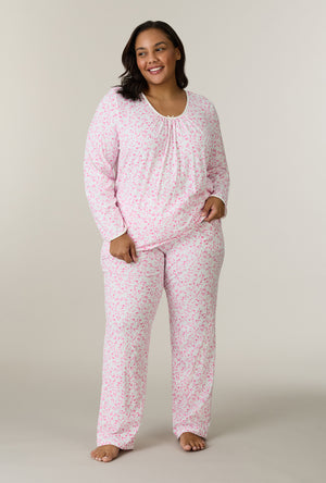 A lady wearing plus size Sweet Rosebuds Cotton Long Pajama Set