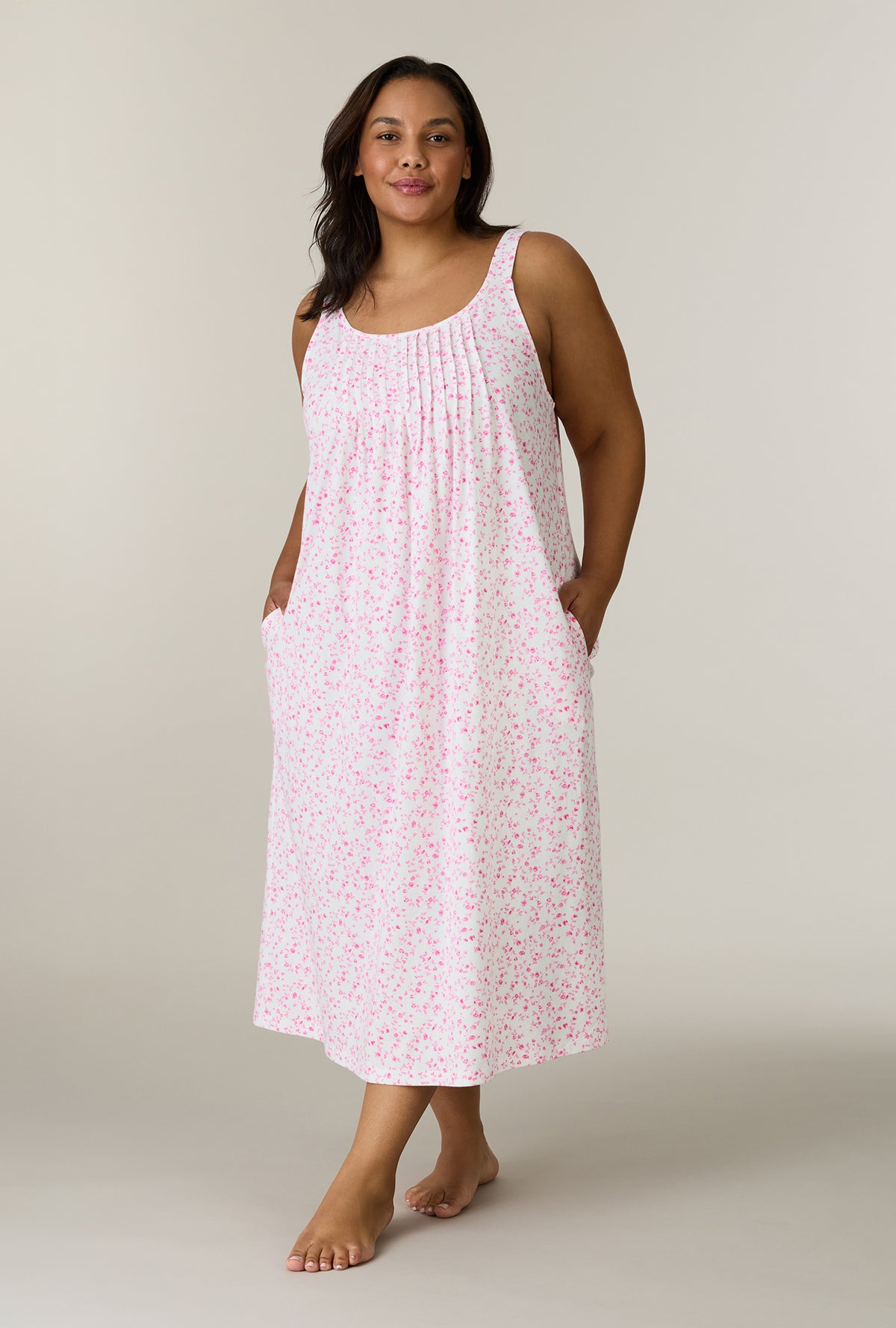 A lady wearing plus size Sweet Rosebuds Cotton Long Chemise