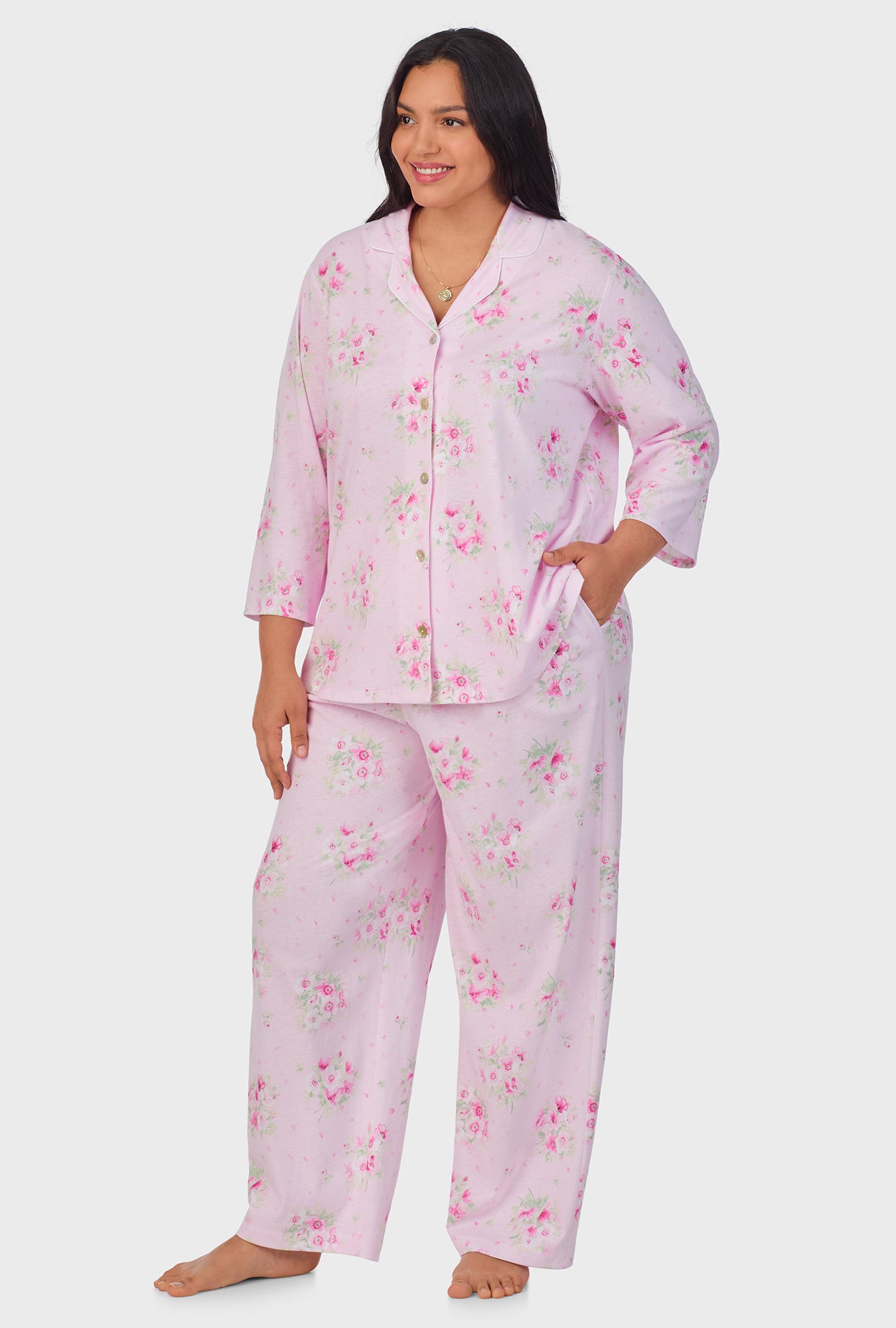 A lady wearing Pink Cosmos Cotton Long Pajama Set