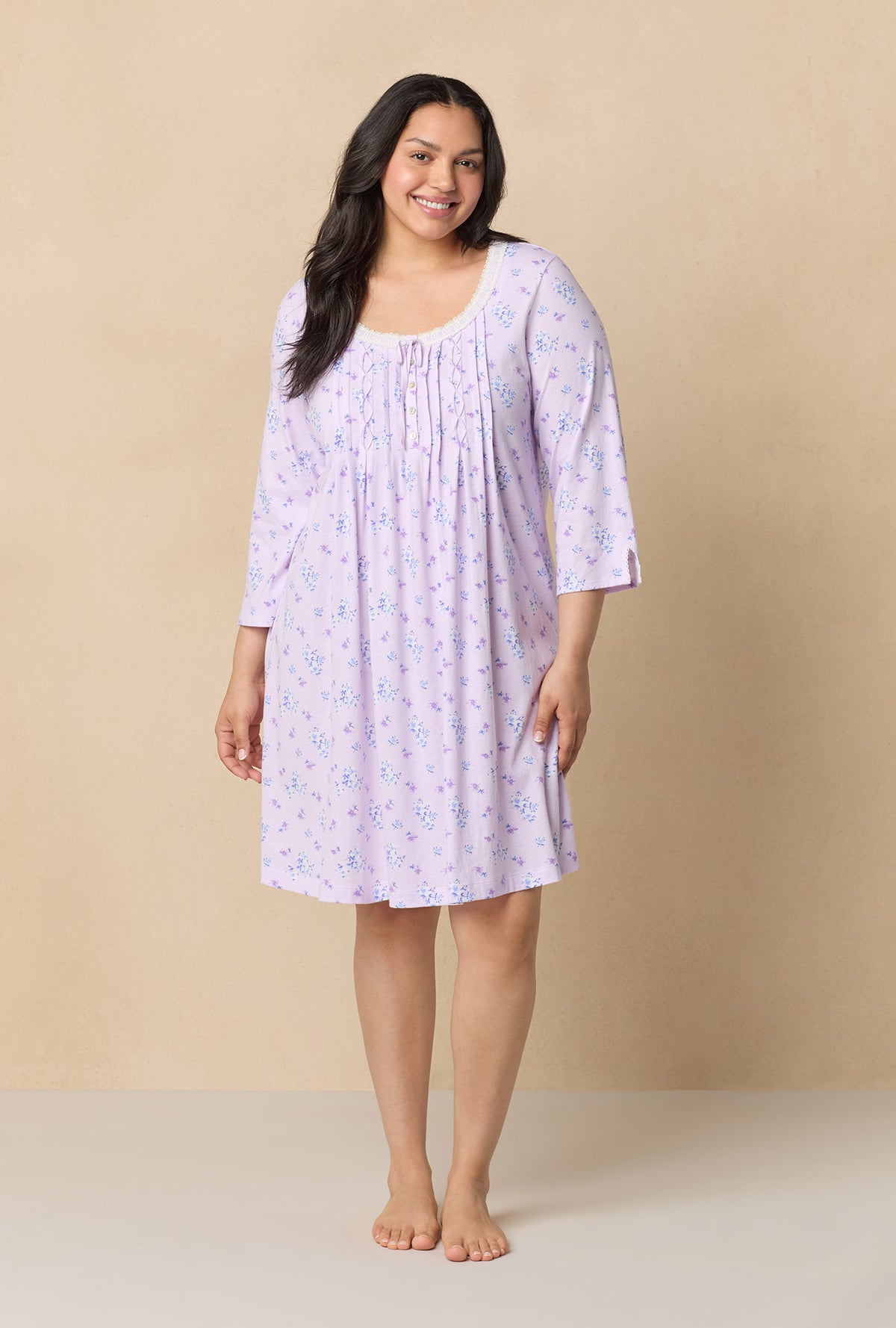 A lady wearing Mini Floral 3/4 Sleeve Cotton Short Nightgown