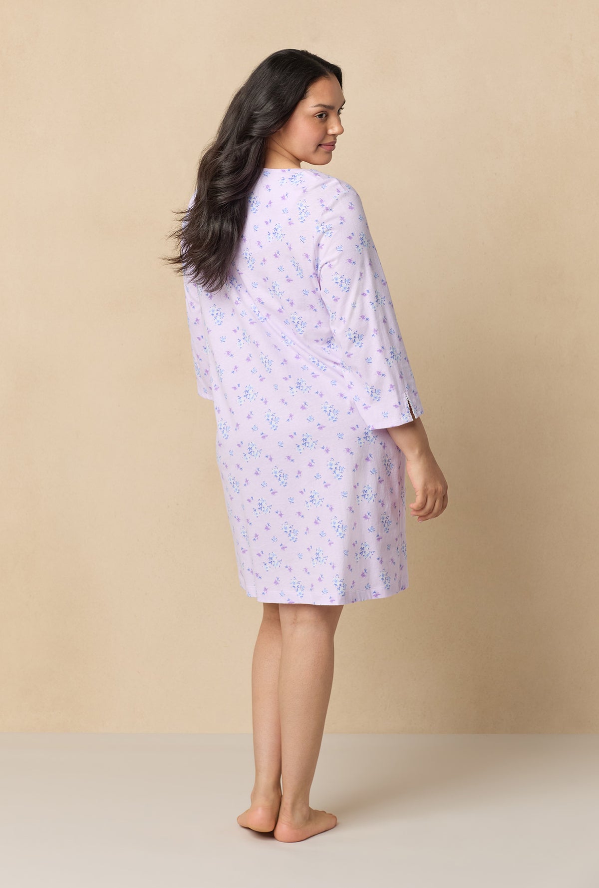 A lady wearing Mini Floral 3/4 Sleeve Cotton Short Nightgown
