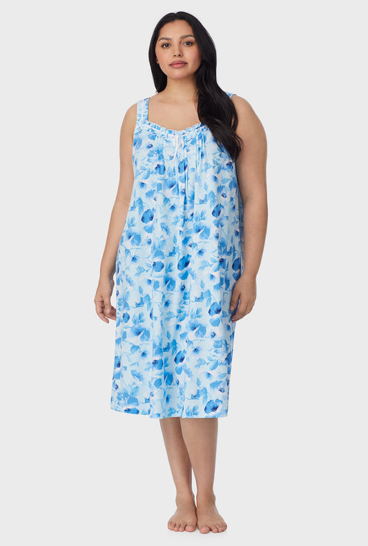 A lady wearing Blue Poppy Cotton Waltz Plus Size Nightgown