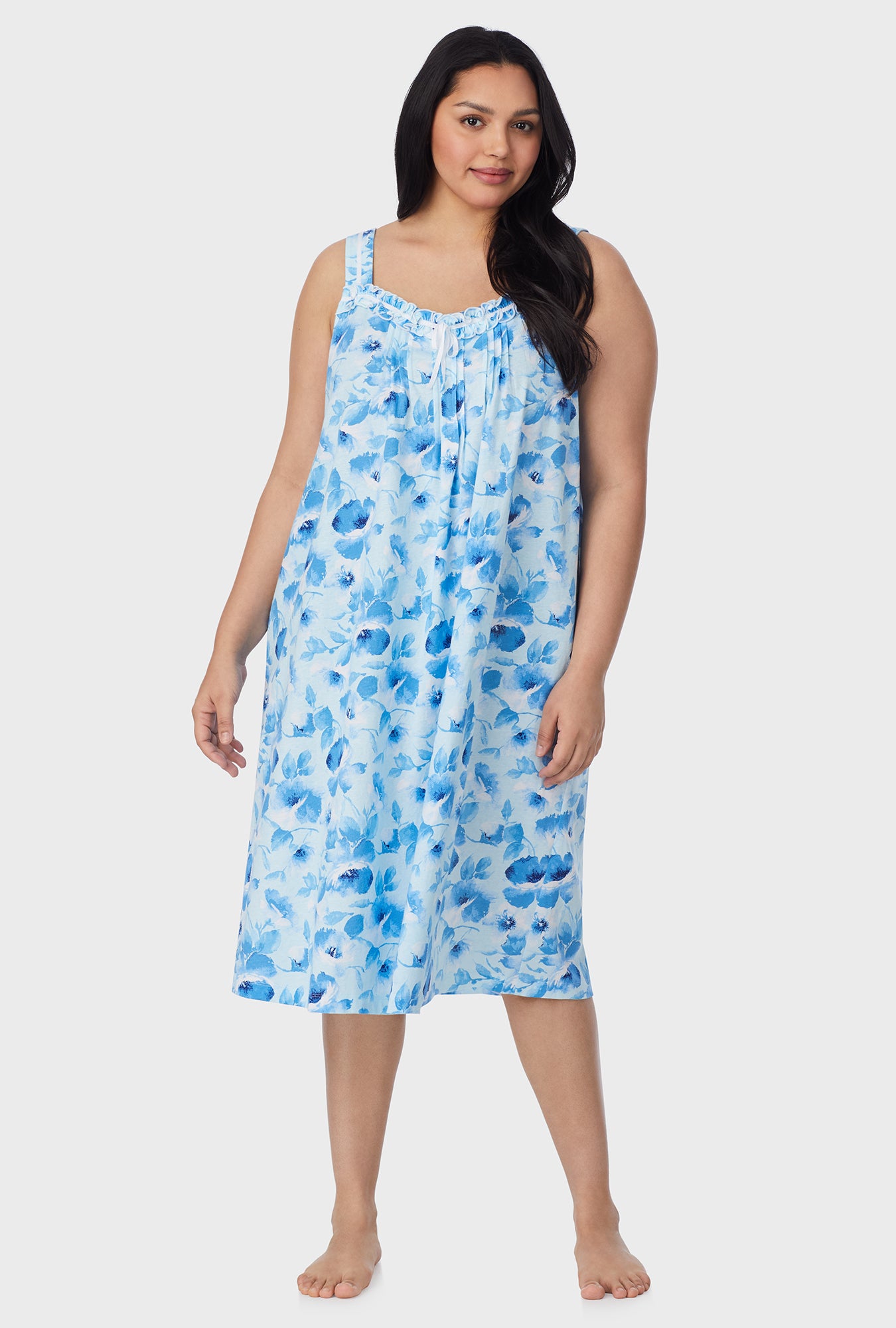 A lady wearing Blue Poppy Cotton Waltz Plus Size Nightgown