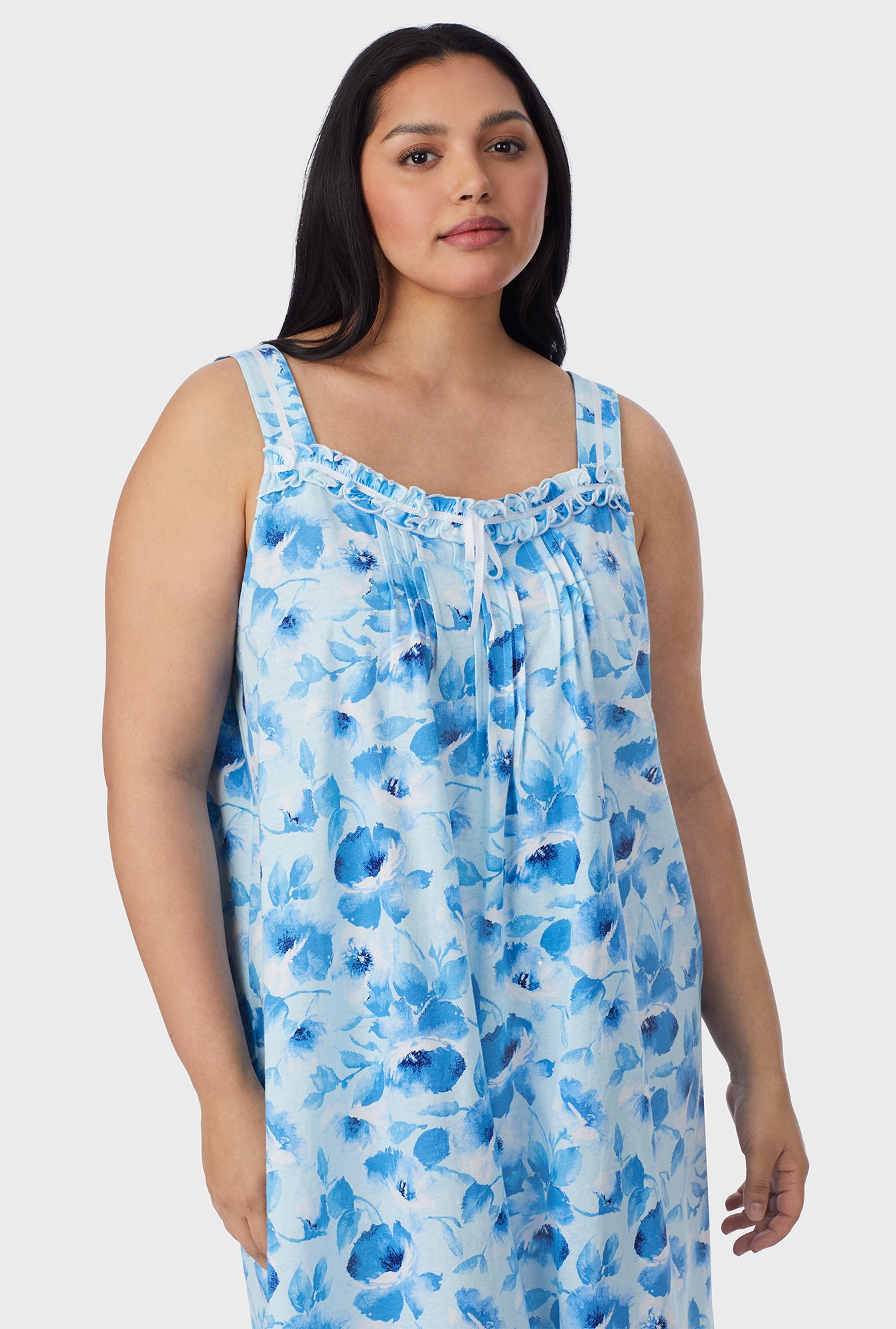 A lady wearing Blue Poppy Cotton Waltz Plus size Nightgown